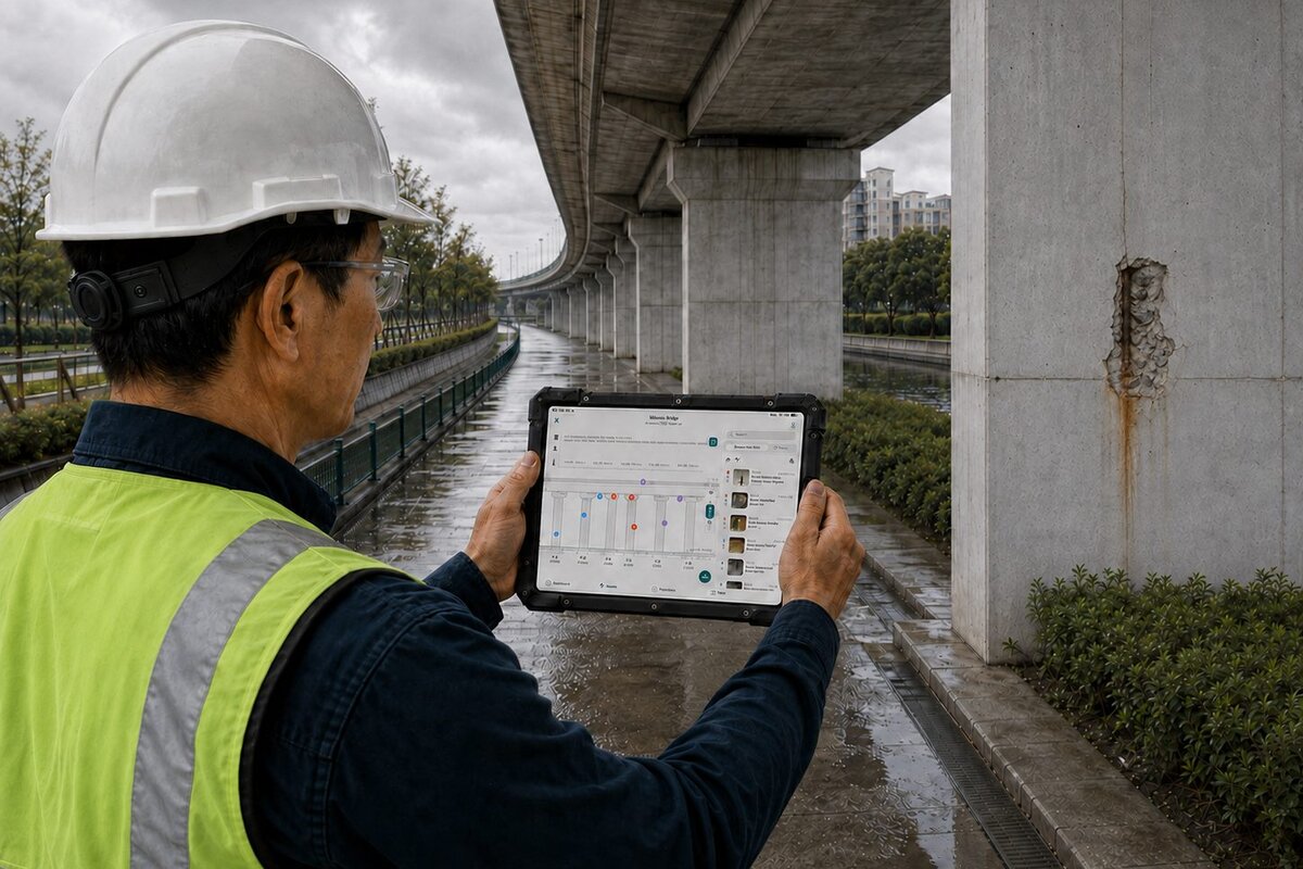 Inspector reviewing a bridge asset record on a rugged tablet beneath a concrete viaduct