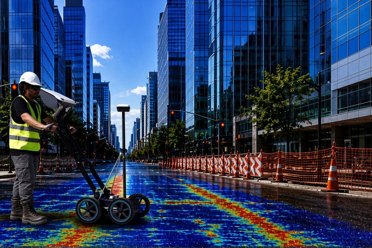 GPR operator scanning a city street with live subsurface heatmap overlay between glass towers