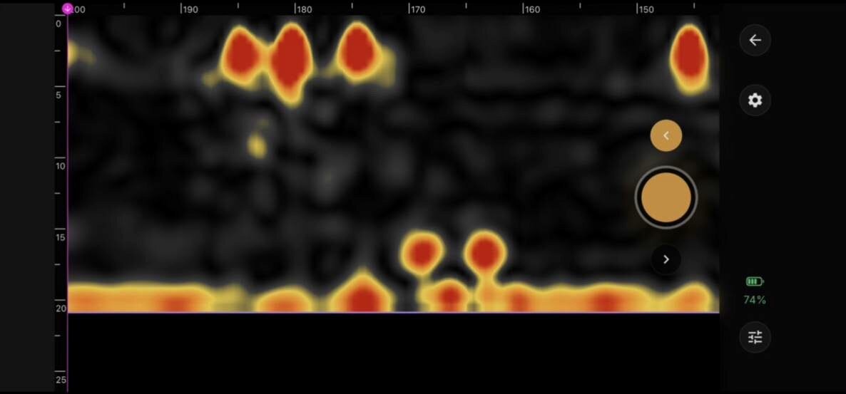Video placeholder showing a still from the Eagle XR app: a scan slice with objects near the surface, a second layer at about 15 cm, and the back of the element at about 20 cm