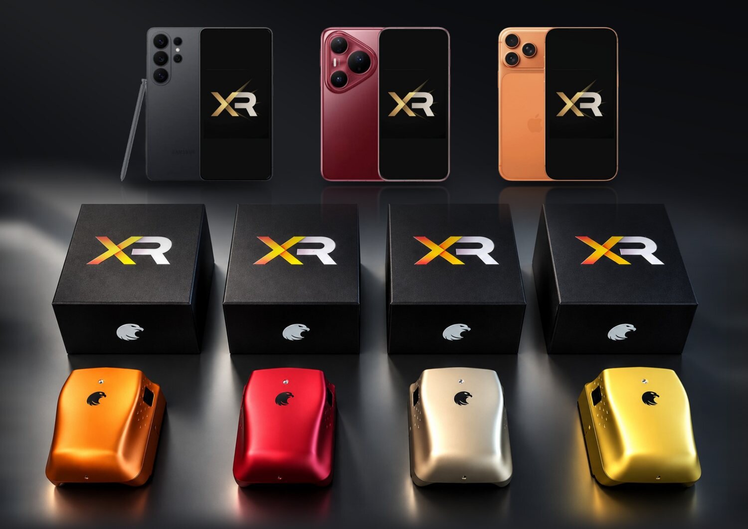 Eagle XR in Blaze Orange, Crimson Red, Pure Platinum and Solar Gold, with its boxes and three compatible phones
